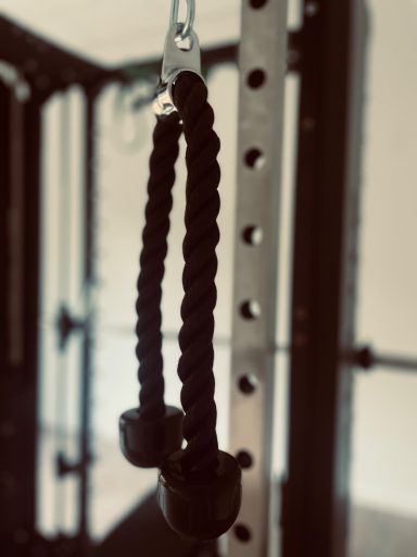 Funktionelles Training an der Multipresse Schwarze, geflochtene Trainingsgriffe hängen an einem Fitnessgerät.